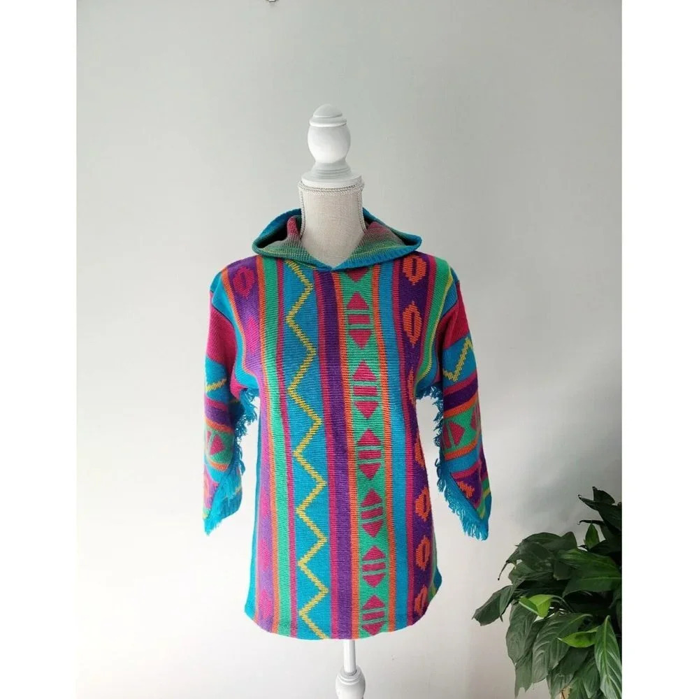 JJ Poole Vintage 80s 90s Aztec Southwestern Hooded Frayed Pullover Sweater XS S